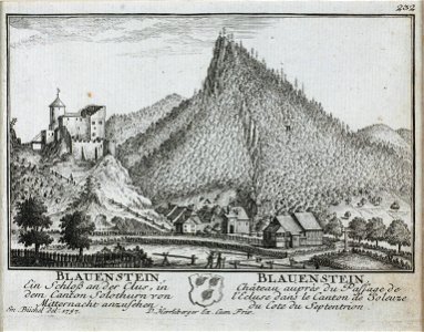 Zentralbibliothek Solothurn - BLAUENSTEIN Ein Schloss an der Clus in dem Canton Solothurn von Mitternacht anzusehen Wappen BLAUENSTEIN Château auprès du Passage de lEcluse dans le Canton de Soleure du Cote du Septentrion - a0562