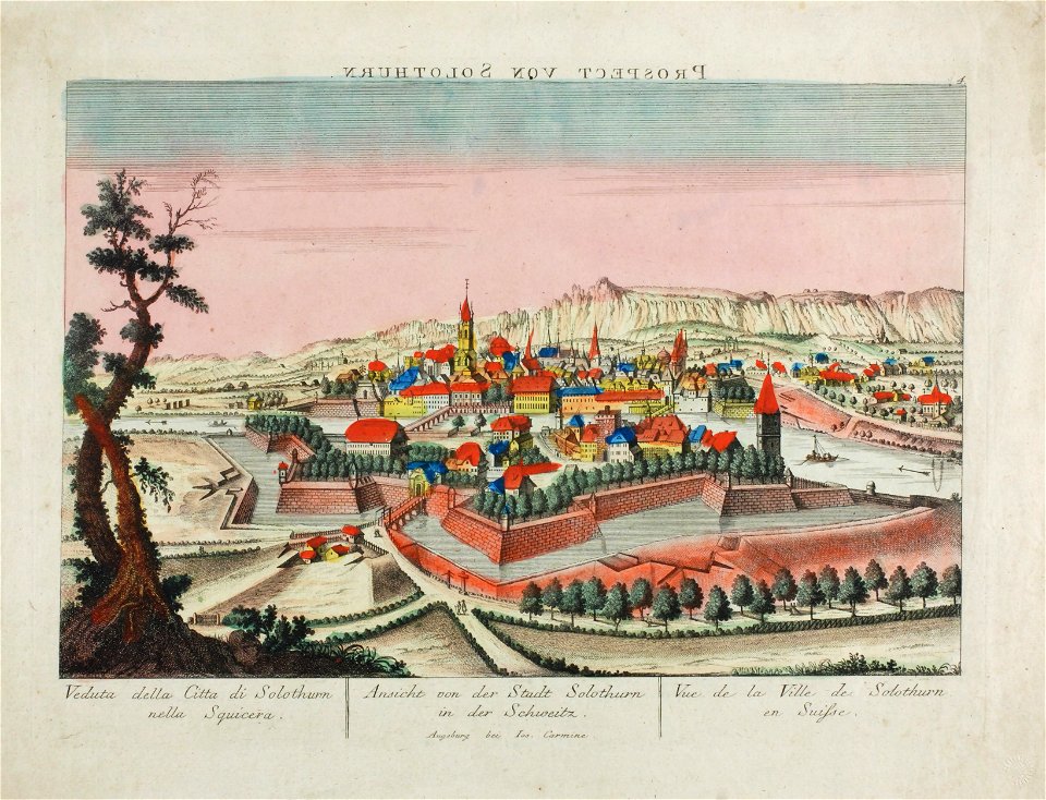 Zentralbibliothek Solothurn - Über dem Bild seitenverkehrt PROSPECT VON SOLOTHURN unter Bild Veduta della Citta di Solothurn nella Squicera Ansicht von der Stadt Solothurn in der Schweitz Vue de la Ville de Solothurn en Suisse - aa0475