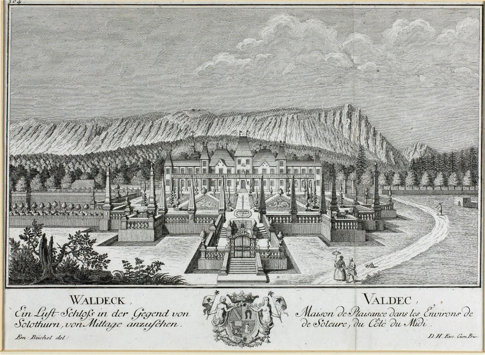 Zentralbibliothek Solothurn - WALDECK Ein Lust Schloss in der Gegend von Solothurn von Mittage anzsehen bekröntes Besenval Wappen VALDEC Maison de Plaisance dans les Environs de de sic Soleure du Côté de Midi - aa0162