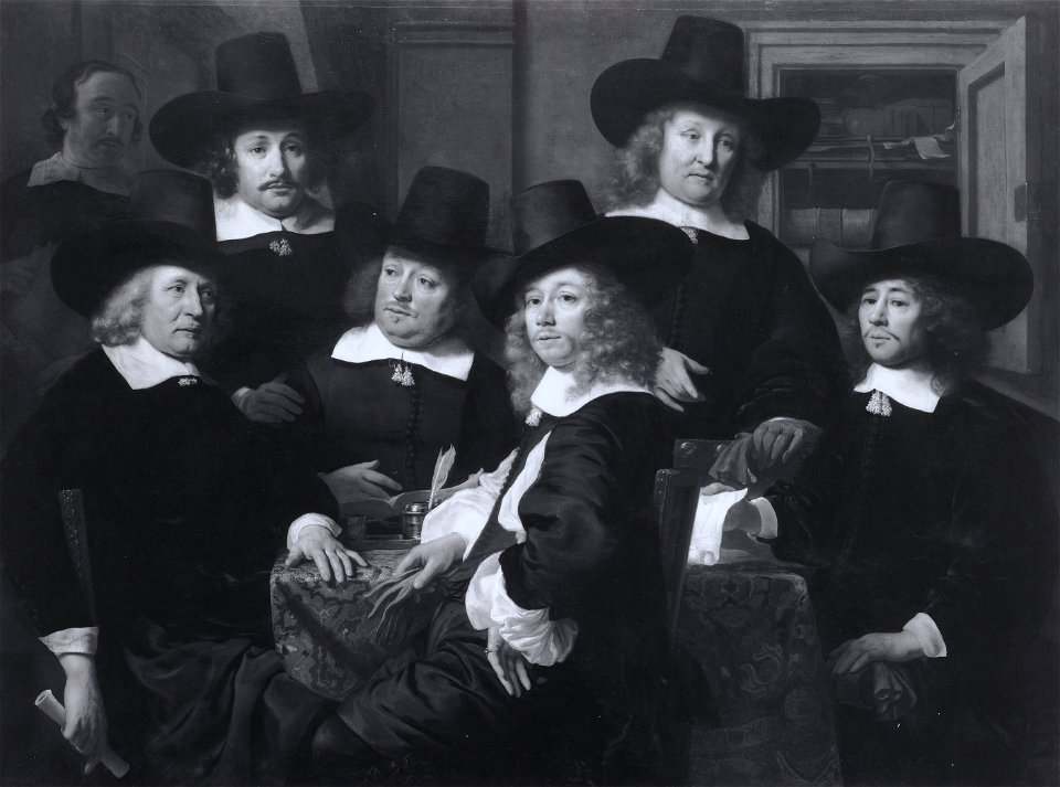 Zes regenten en de bode van het Nieuwe Zijds Huiszittenhuis te Amsterdam, 1657. Rijksmuseum SK-C-436