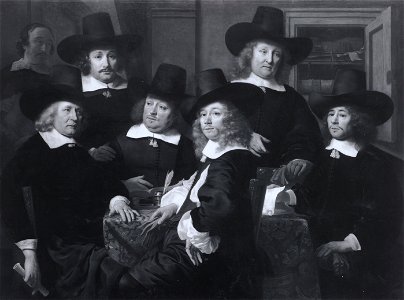 Zes regenten en de bode van het Nieuwe Zijds Huiszittenhuis te Amsterdam, 1657. Rijksmuseum SK-C-436