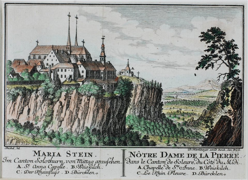 Zentralbibliothek Solothurn - MARIA STEIN Im Canton Solothurn von Mittag anzusehen A St Anna Capelle B Weiskilch C Der Rheinfluss D Bürcklen l NÔTRE DAME DE LA PIERRE dans le Canton de Soleure du Côté du Midi A Chap - a0343
