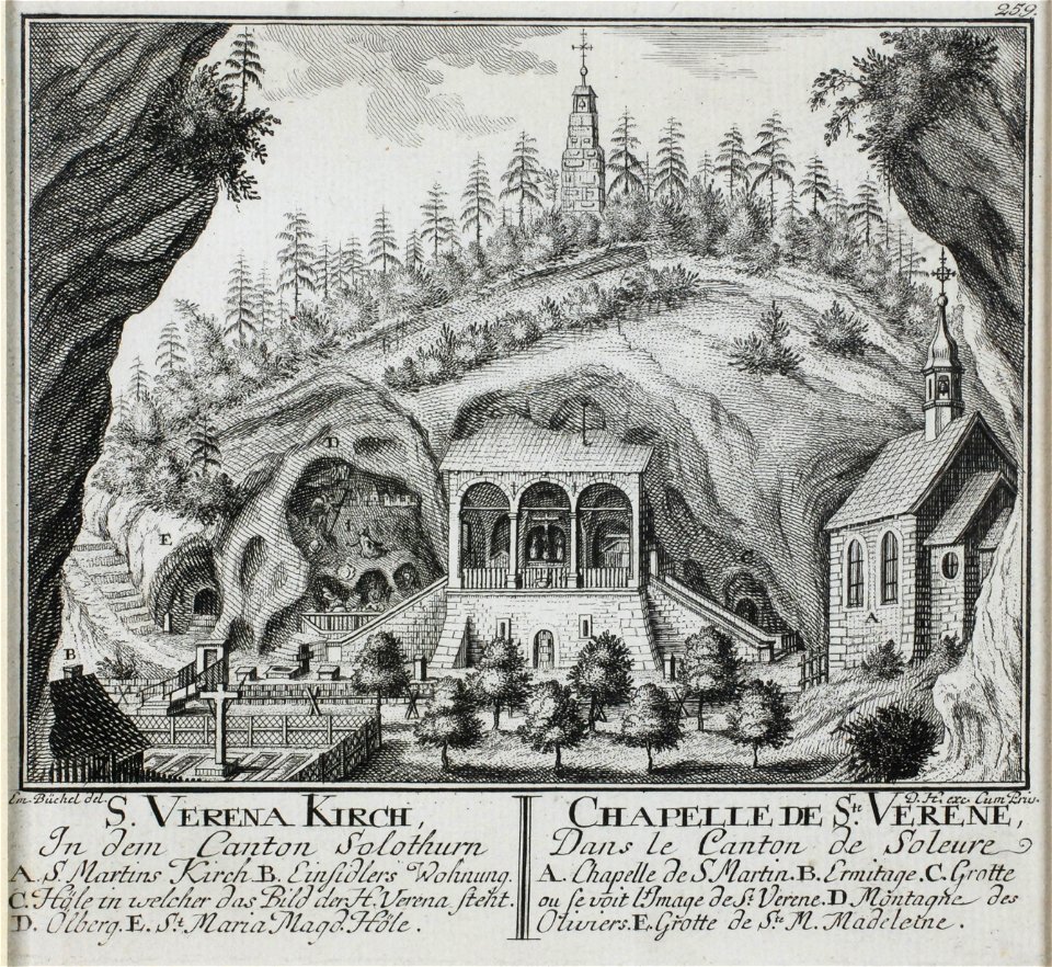 Zentralbibliothek Solothurn - S VERENA KIRCH In dem Canton Solothurn A S Martins Kirch B Einsidlers Wohnung C Höle in welcher das Bild der H Verena steht D Ölberg E St Maria Magd Höle L CHAPELLE DE Ste VERENE Dans l - a0152