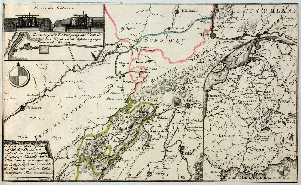 Zentralbibliothek Solothurn - Plan von der Gegend wo sich der Doux ver mittelst des neu angelegten schiffbaren Canals mit dem OberRhein vereinigt und durch diese Flüsse nebst der Rhone die NordSee mit dem Mittel l - a0604