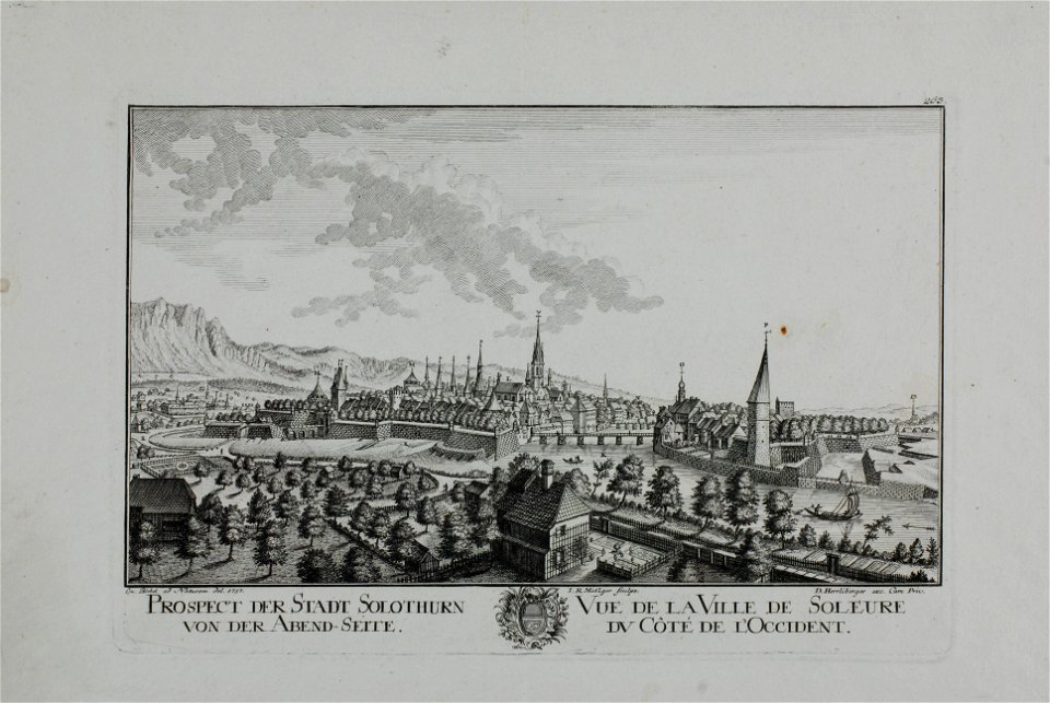Zentralbibliothek Solothurn - PROSPECT DER STADT SOLOTHURN VON DER ABENDSEITE Standeswappen VUE DE LA VILLE DE SOLEURE DU CÔTÉ DE LOCCIDENT - aa0276
