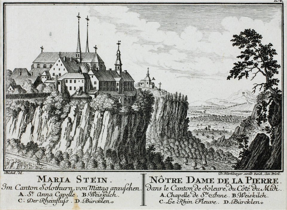 Zentralbibliothek Solothurn - MARIA STEIN Im Canton Solothurn von Mittag anzusehen A St Anna Capelle B Weiskilch C Der Rheinfluss D Bürcklen l NÔTRE DAME DE LA PIERRE dans le Canton de Soleure du Côté du Midi A Chap - a0236