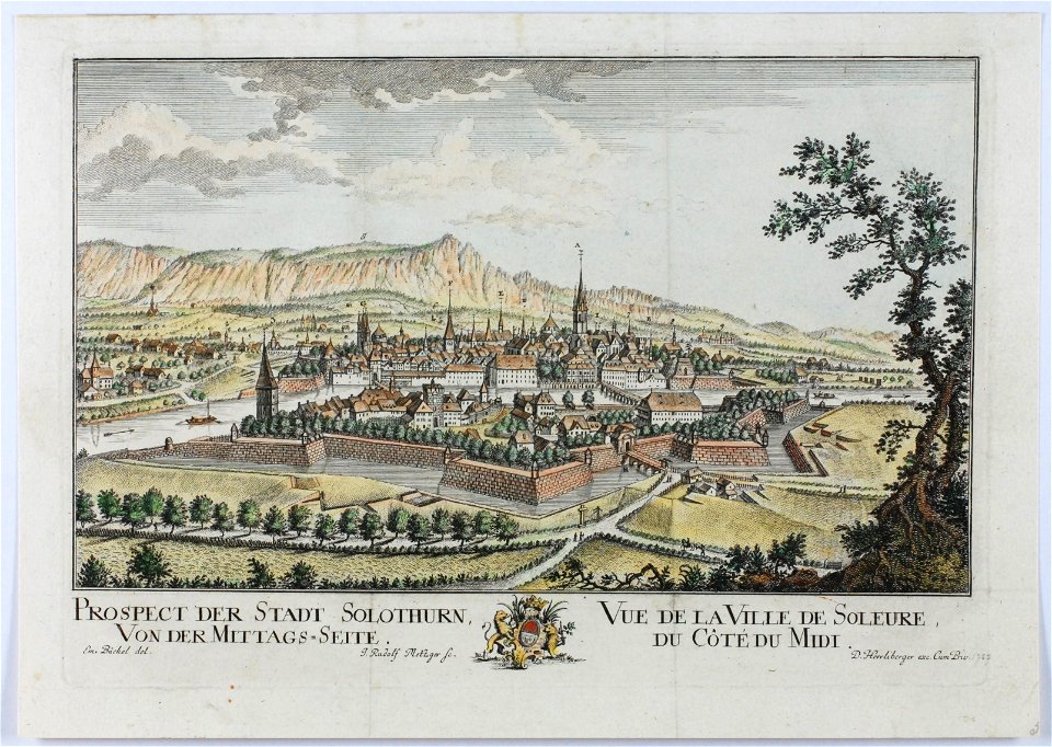 Zentralbibliothek Solothurn - PROSPECT DER STADT SOLOTHURN VON DER MITTAGSSEITE Standeswappen mit zwei Löwen VUE DE LA VILLE DE SOLOEURE DU CÔTÉ DU MIDI - aa0008
