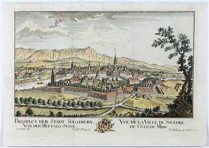 Zentralbibliothek Solothurn - PROSPECT DER STADT SOLOTHURN VON DER MITTAGSSEITE Standeswappen mit zwei Löwen VUE DE LA VILLE DE SOLOEURE DU CÔTÉ DU MIDI - aa0008