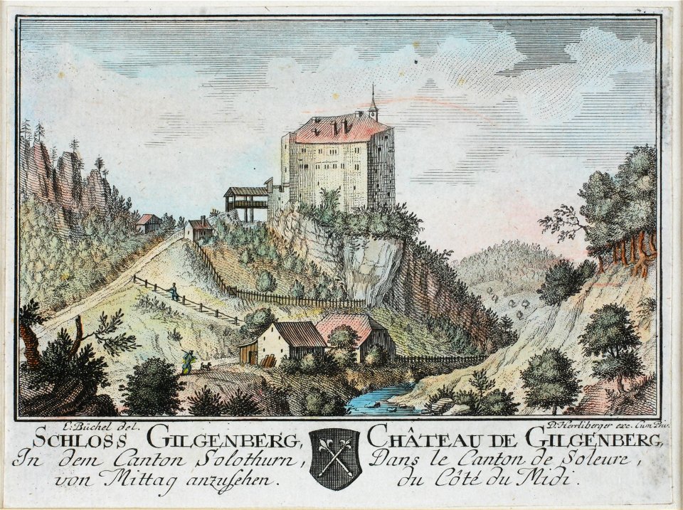 Zentralbibliothek Solothurn - SCHLOSS GILGENBERG In dem Canton Solothurn von Mittag anzusehen Wappen CHÂTEAU DE GILGENBERG Dans le Canton de Soleure du Côté du Midi - a0196