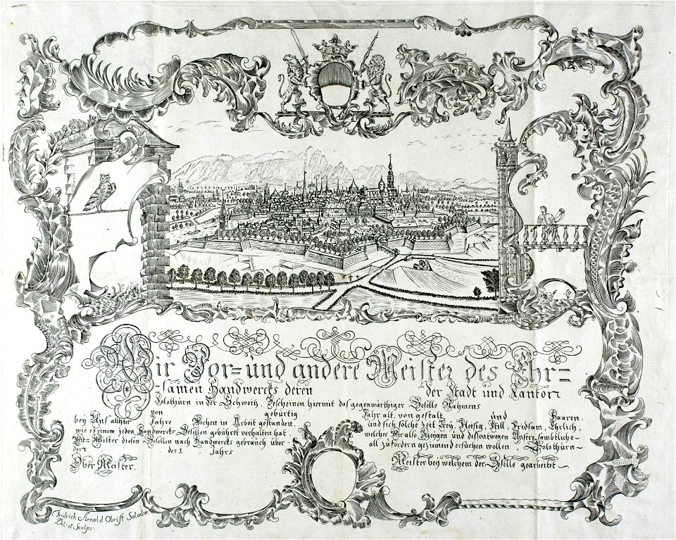 Zentralbibliothek Solothurn - Wir Vor und andere Meister des Ehr samen Handwercks deren Zwischenraum der Stadt und Kanton Solothurn in der Schweitz Bescheinen hiemit das gegenwärthiger Geselle Nahmens leerer Raum von - aa0837