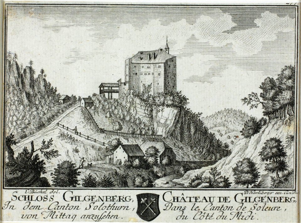 Zentralbibliothek Solothurn - SCHLOSS GILGENBERG In dem Canton Solothurn von Mittag anzusehen Wappen CHÂTEAU DE GILGENBERG Dans le Canton de Soleure du Côté du Midi - a0372