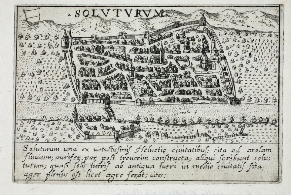 Zentralbibliothek Solothurn - SOLUTURUM Soluturum una ex uetustissimis Heluetie ciuitatibus sita ad arolam fluuium aurifex per post treuerim construcat aliqui scribunt solu tutum quasi solis turris ab antiqua turri in me - a0008