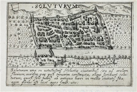 Zentralbibliothek Solothurn - SOLUTURUM Soluturum una ex uetustissimis Heluetie ciuitatibus sita ad arolam fluuium aurifex per post treuerim construcat aliqui scribunt solu tutum quasi solis turris ab antiqua turri in me - a0008