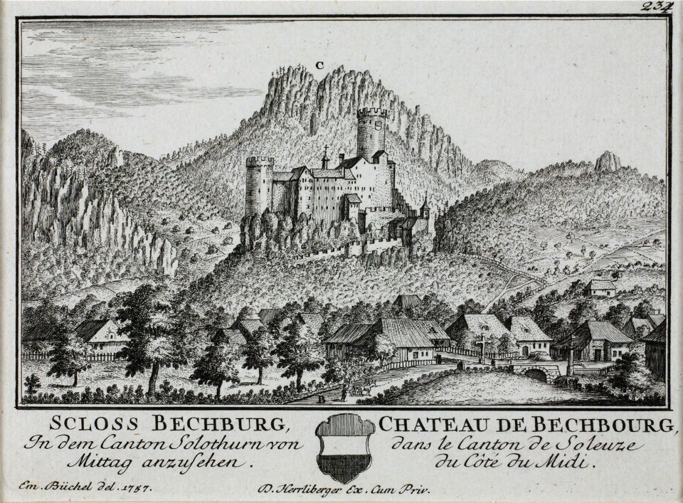 Zentralbibliothek Solothurn - SCHLOSS BECHBURG In dem Canton Solothurn von Mittag anzusehen Wappen Bechburg Bezirk Gäu CHATEAU DE BECHBOURG dans le Canton de Soleuze du Côté du Midi - a0645