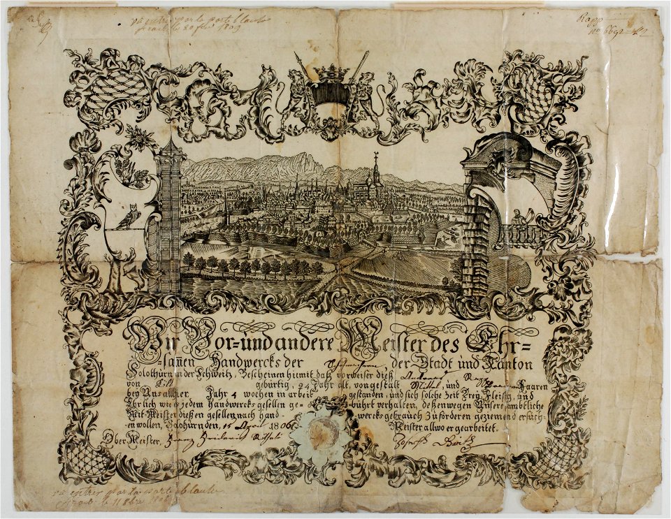 Zentralbibliothek Solothurn - Wir Vor und andere Meister des Ehr samen Handwercks der nächstes Wort mit Feder Schumacher der Stadt und Kanton Solothurn in der Schweitz Bescheinen hiemit dass vorweiser diess folgende d - aa0522