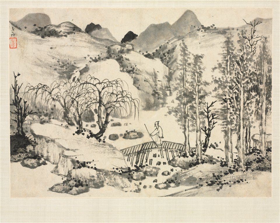 Zha Shibiao - Landscape Album in Various Styles, Landscape with Artist on a Bridge - 1955.37.7 - Cleveland Museum of Art
