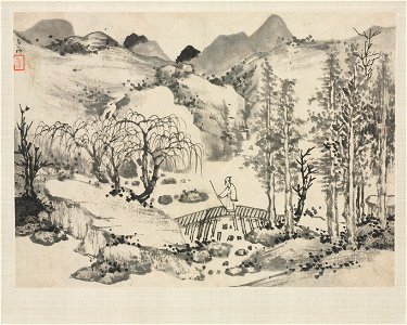Zha Shibiao - Landscape Album in Various Styles, Landscape with Artist on a Bridge - 1955.37.7 - Cleveland Museum of Art
