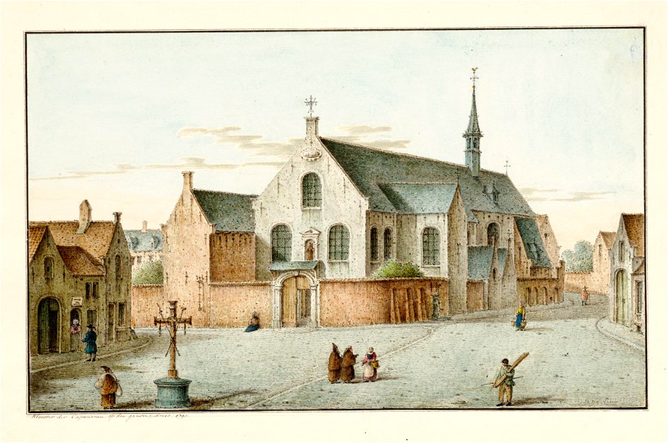 Zicht op de gebouwen, tuinen en vijver van het klooster der kapucijnen (of capucienen), 1790