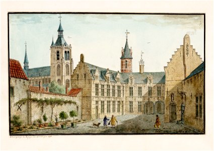 Zicht op de binnenkoer van de refuge van de abdij van Grimbergen, met op de achtergrond de Onze-Lieve-Vrouwekerk