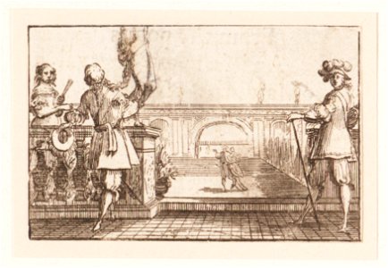 Zicht op twee mannen en een vrouw op een ballustrade, objectnr A 16555
