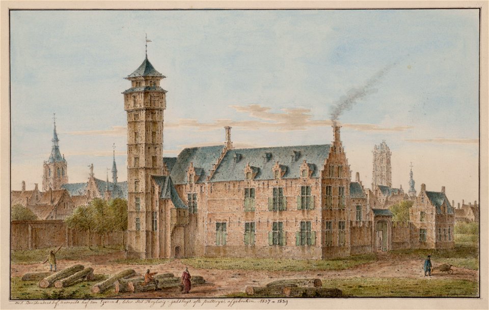 Zicht op het oud Hof van Egmont, nadien Sint-Heilwichsgodshuis, ook Putterij genoemd. Afgebroken 1837-1839