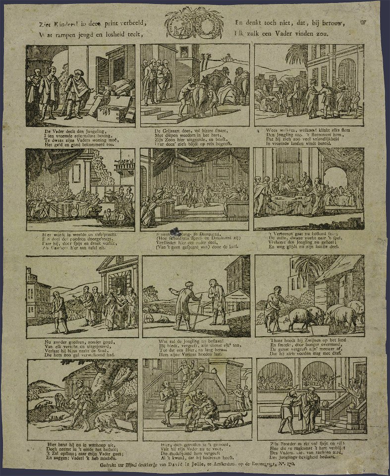 Ziet kinders! in deez' print verbeeld, wat rampen jeugd en losheid teelt, en denkt toch niet, dat, bij berouw, elk zulk een vader vinden zou-Catchpenny print-SMC K 0120