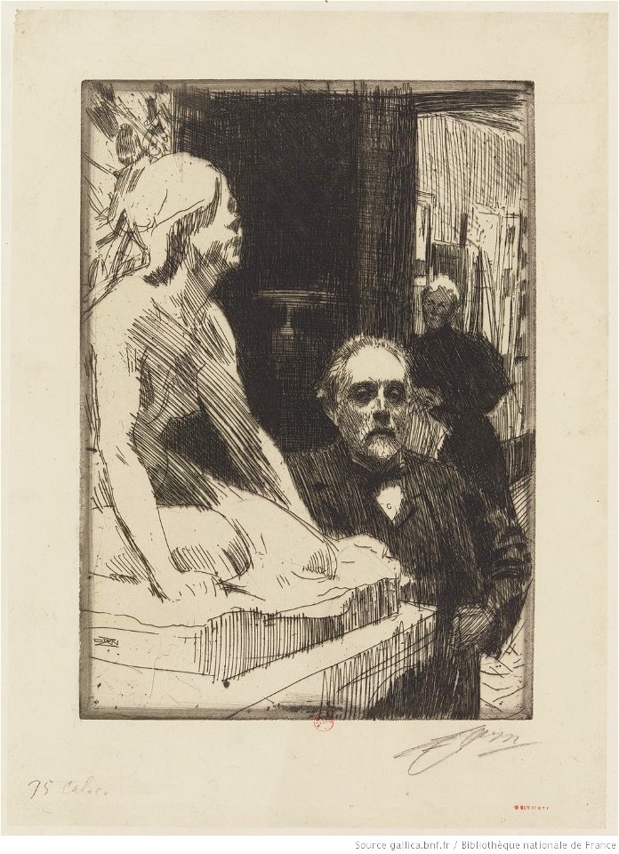 Zorn - Pontus Fürstenberg et sa femme, se tenant à côté de la sculpture d'Hasselberg, Grenouille, btv1b105227413