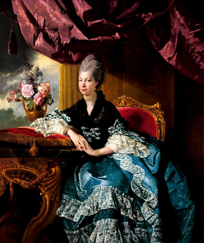 Zoffany - Queen Charlotte, 1771, Royal Collection. Free illustration for personal and commercial use.