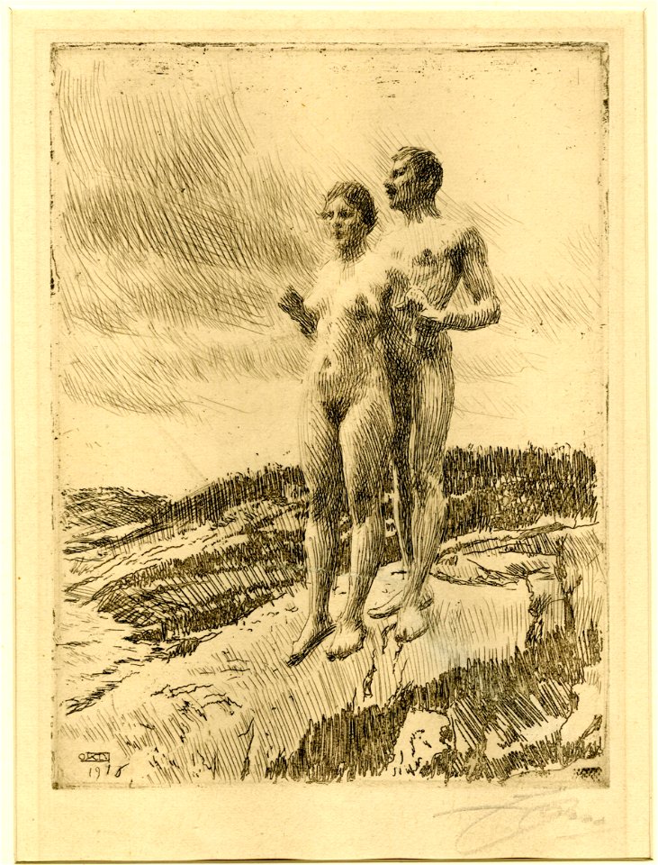 Zorn - Woman and man standing naked on a rock, whole-length facing front, 1931,0721.51