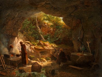 Zwei Eremiten in einer Felshöhle D 19 Jh