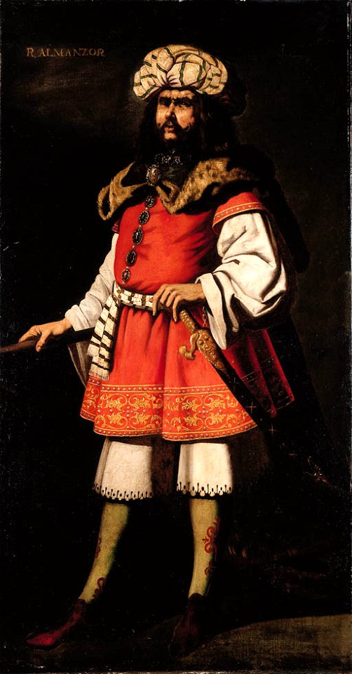 Zurbarán - Portrait of King Almanzor, full-length, in a red tunic and fur cape, a sword in his left hand