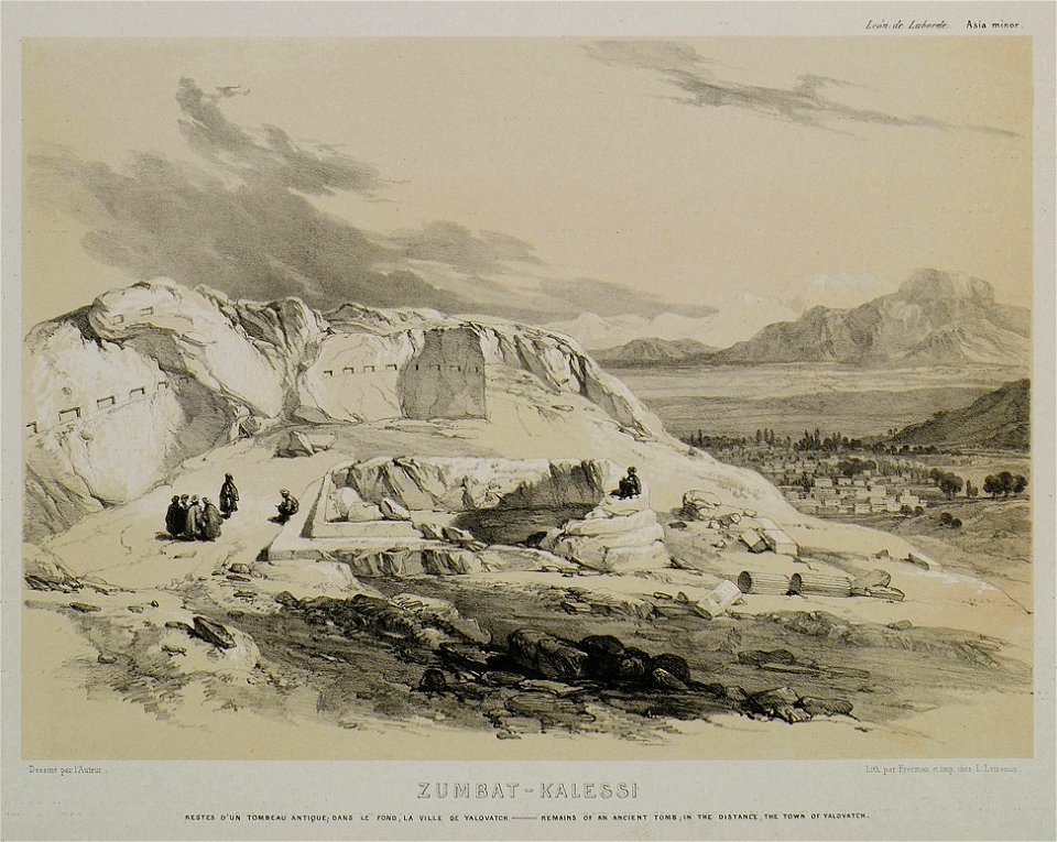 Zumbat – KalessiRestes d'un tombeau antique, dans le fond, la ville de Yalovatch - Laborde Léon Emmanuel Simon Joseph - 1838