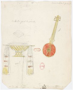 Zémire et Azor - trente-six maquettes de costumes - Alexandre-Evariste Fragonard - 35. Corbeille pour les présents. Mandoline persane