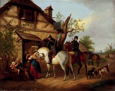 Zwei Reiter vor Wirtshaus 19Jh