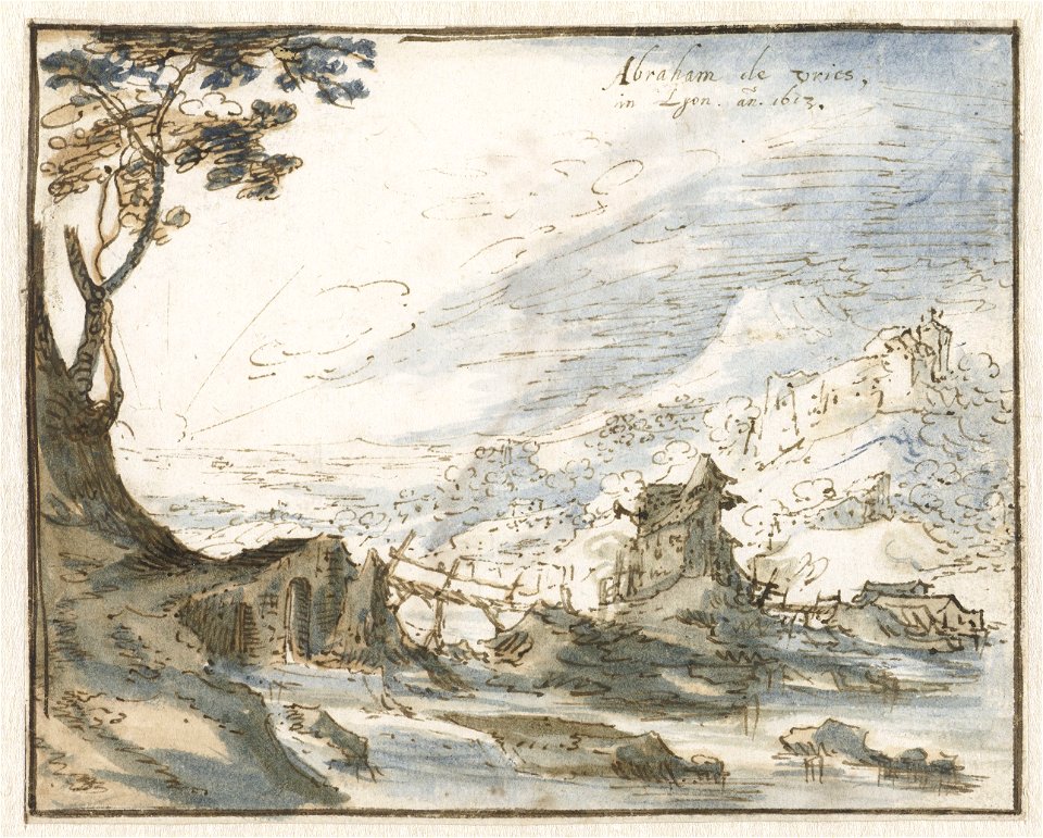 Abraham de Vries - Mountainous landscape with a wooden bridge
