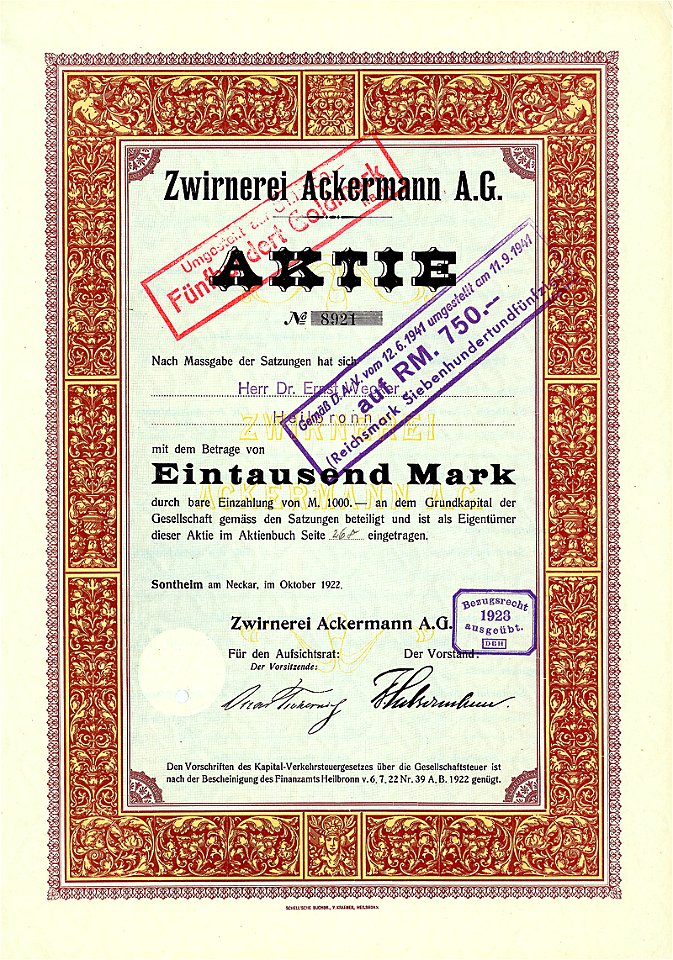 Zwirnerei Ackermann AG 1922 1000 Mk