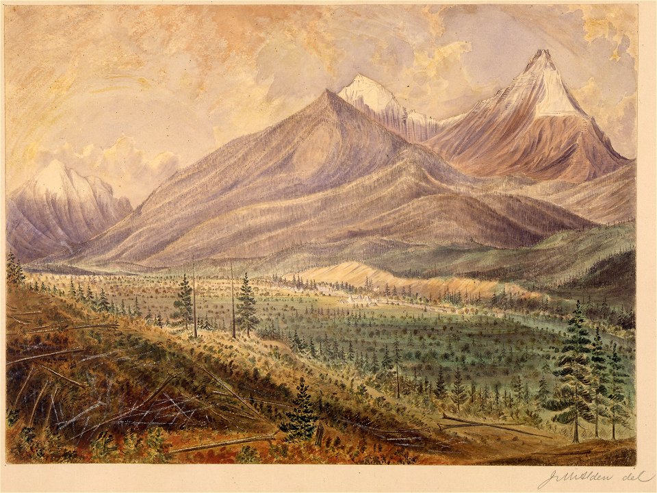Camp Kishenehn from hill near right bank of creek looking N.E. with Mount Kishnehnehna (Kirby and Spence) in... - NARA - 305531