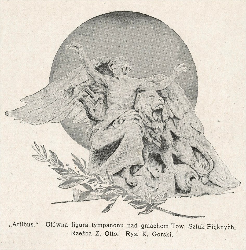 Budynek Zachęty Artibus Główna figura tympanonu nad gmachem Tow. Sztuk Pięknych Rzeźba Z. Otto (54169)