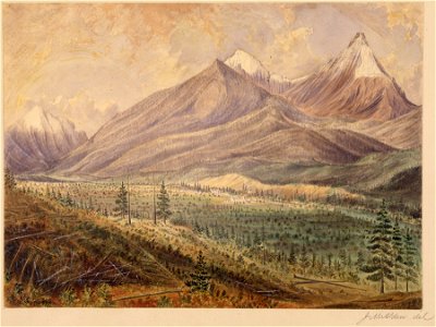 Camp Kishenehn from hill near right bank of creek looking N.E. with Mount Kishnehnehna (Kirby and Spence) in... - NARA - 305531