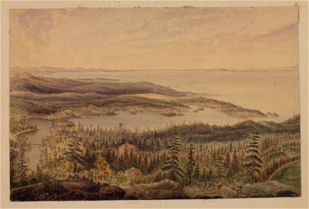 Esquimalt Harbor, from summit of Mill Mountain near head of bay showing Active and Satellite's anchorage. In the... - NARA - 305489