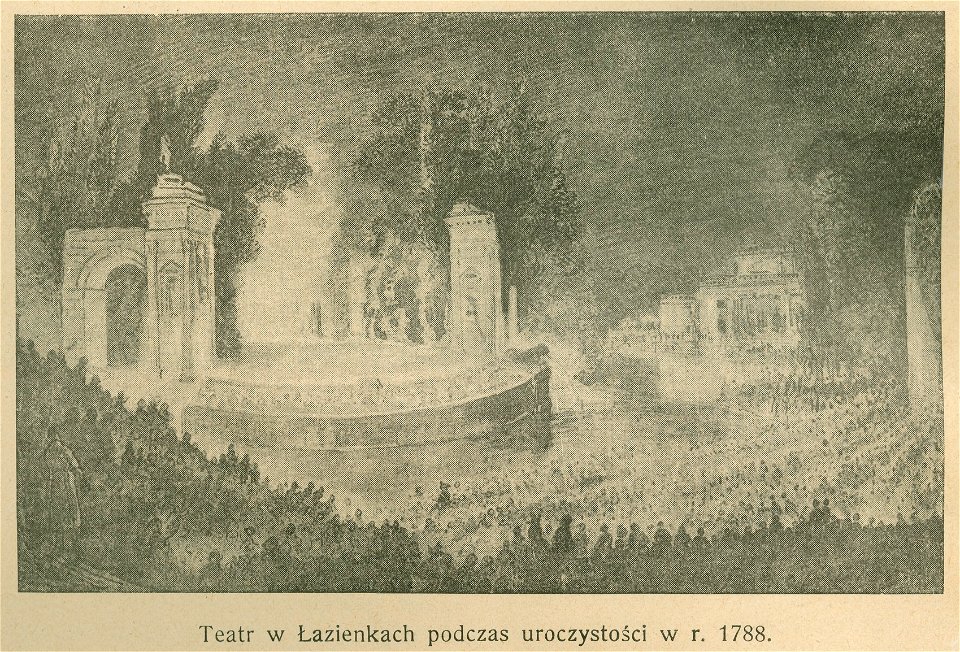 Festyn w Łazienkach z powodu inauguracji mostu i posągu Jana III Sobieskiego Teatr w Łazienkach podczas uroczystości w r. 1788 (70324)