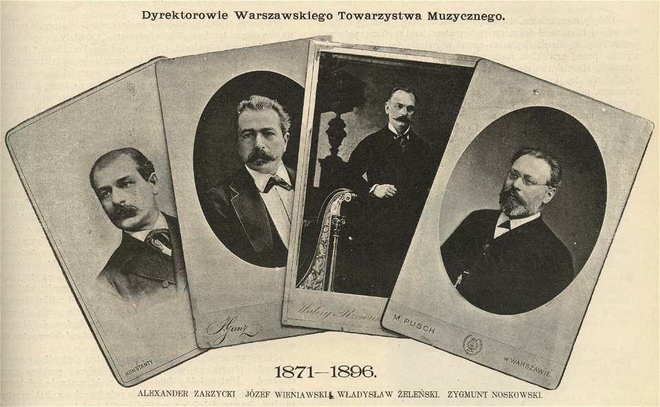 Dyrektorowie Warszawskiego Towarzystwa Muzycznego 1871-1896 - Zygmunt Noskowski; Józef Wieniawski; Aleksander Zarzycki; Władysław Żeleński, (61285). Free illustration for personal and commercial use.