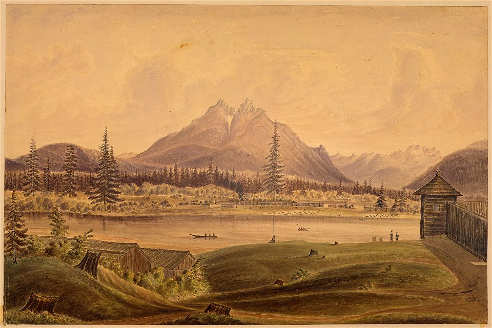 H. B. Co. Fort Langley, left bank of Fraser River. Langley Buttes in the distance - NARA - 305495