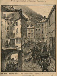 Katastrofa przy ul. Freta w Warszawie d. 15 maja r.b. 1886 - Klatka schodowa z której rozszedł się ogień ; Miejsce katastrofy od dziedzińca ; Widok domu od ulicy (59098)
