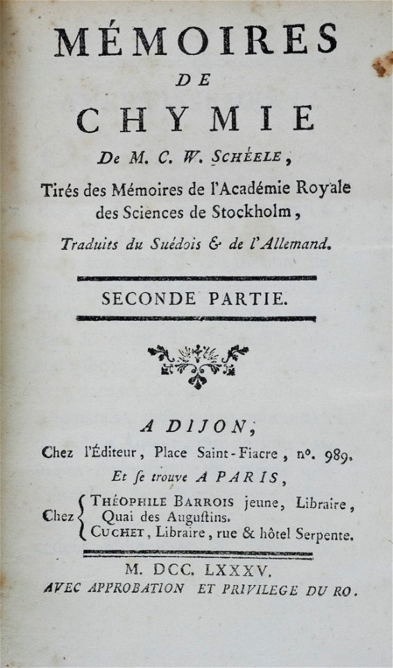 Mémoires de chymie Scheele RGNb10364341.03.vol II.tp 1785