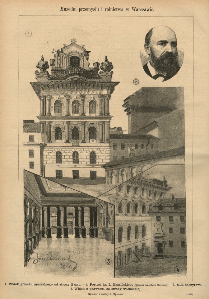Muzeum Przemysłu i Rolnictwa w Warszawie - Widok gmachu muzealnego od strony Pragi ; Portret hr. L. Krasińskiego ; Sala odczytowa ; Widok z podwórza od strony wschodniej (59116)