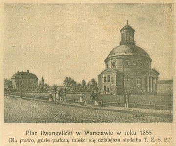 Plac Ewangelicki w Warszawie w roku 1855 - na prawo, gdzie parkan, mieści się dzisiejsza siedziba T.Z.S.P. (70362)