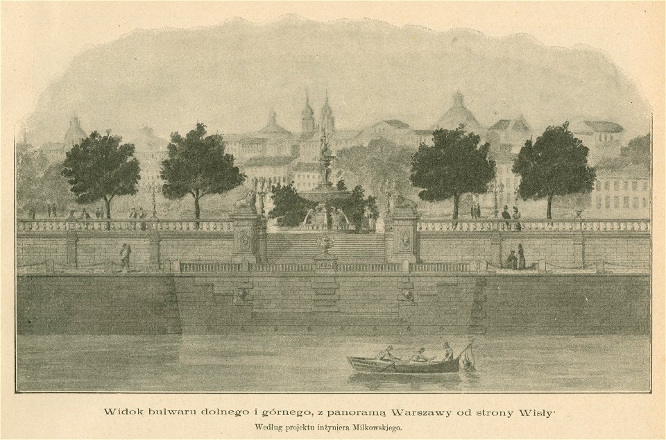 Powiśle Warszawy - plany przebudowy Widok bulwaru dolnego i górnego, z panoramą Warszawy od strony Wisły Według projektu inżyniera Miłkowskiego (80825)