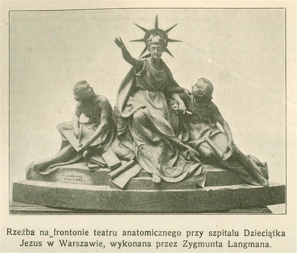 Rzeźba na frontonie teatru anatomicznego przy szpitalu Dzieciątka Jezus w Warszawie wykonana przez Zygmunta Langmana (76460)