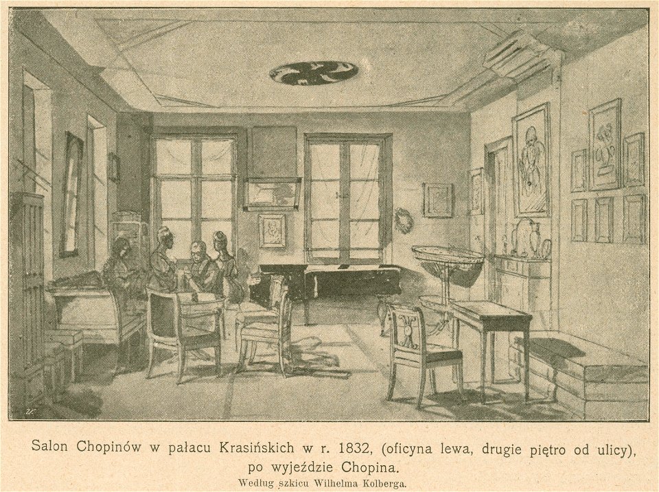 Salon Chopinów w pałacu Krasińskich w r. 1832 - oficyna lewa, drugie piętro od ulicy, po wyjeździe Chopina - Według szkicu Wilhelma Kolberga (68581)